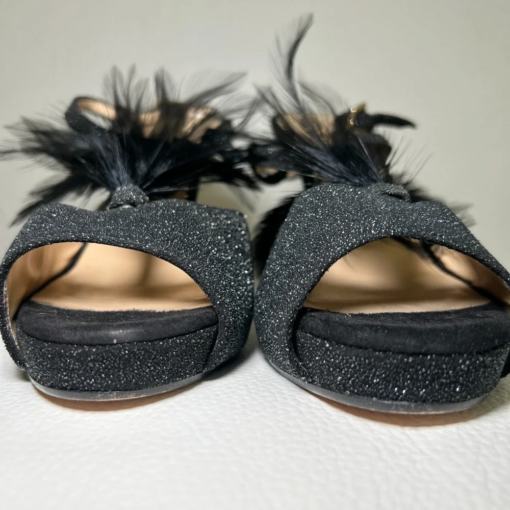 Kate‎ Spade Glitter Feather Black Open Toe Slingback Pumps Heels Size 7